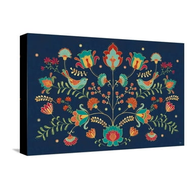 Art.com Folk Floral I Dark Stretched Canvas Print Wall Art by Veronique Charron, 18" x 12"