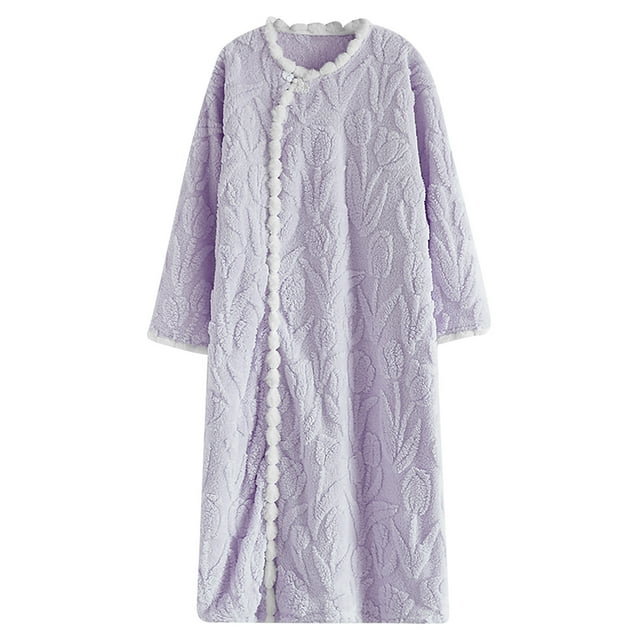 Funicet Ladies Fall and Winter Flannel Round Neck Long Sleeved Buttoned Home Print with Thick Velvet Nightgown