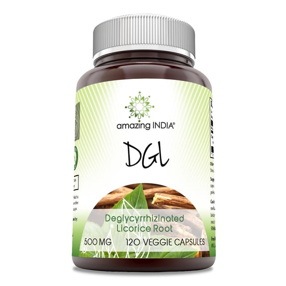 Amazing India DGL(Deglycyrrhizinated licorice root) 500 mg 120 Veggie Capsules Supplement | Non-GMO | Gluten Free | Made in USA
