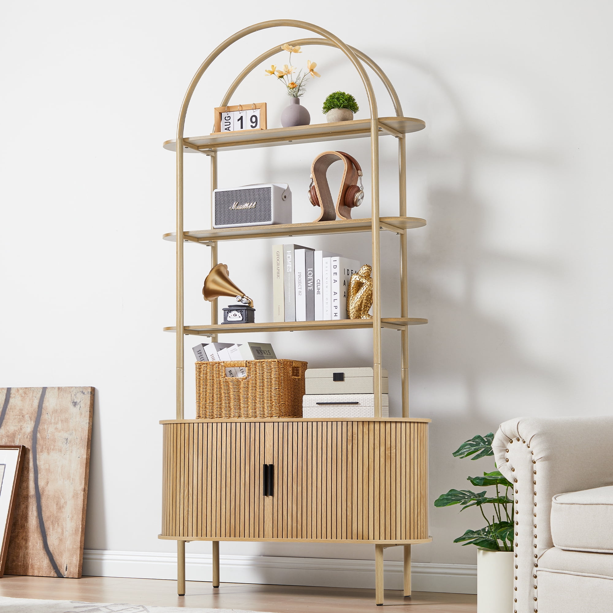 LEFHDA 79" Industrial Modern Arched Bookshelf with 4-Tier Open Shelf & Sliding Tambour Cabinet Storage, Mid-Century Curved Freestanding Bookcase for Living Room (Natural, 79 inch Set of 2)