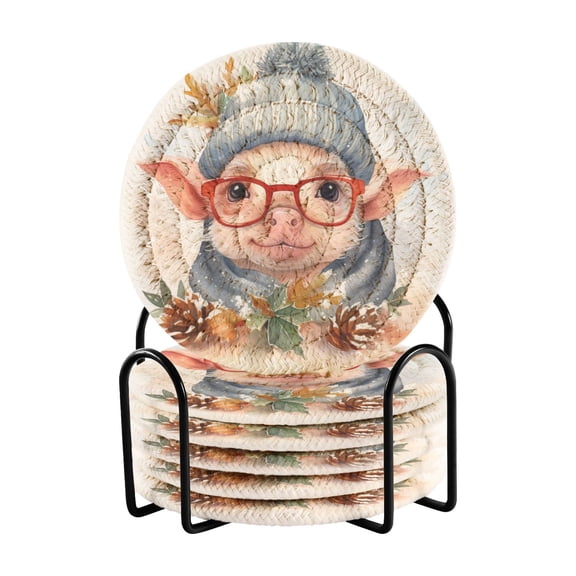 Pig Glasses Pines Leaves 6 Pcs Drink Coasters with Holder Absorbent Coasters Woven Coasters for Drinks Table Desk Protection Home Decor