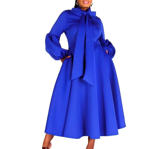 fartey Women Trendy A Line Dresses With Bow Tie Puff Long Sleeve Sundress Tunic FIt Solid Color Maxi Dress Elegant Fashion Flared Holiday Party Sundresses with Pockets