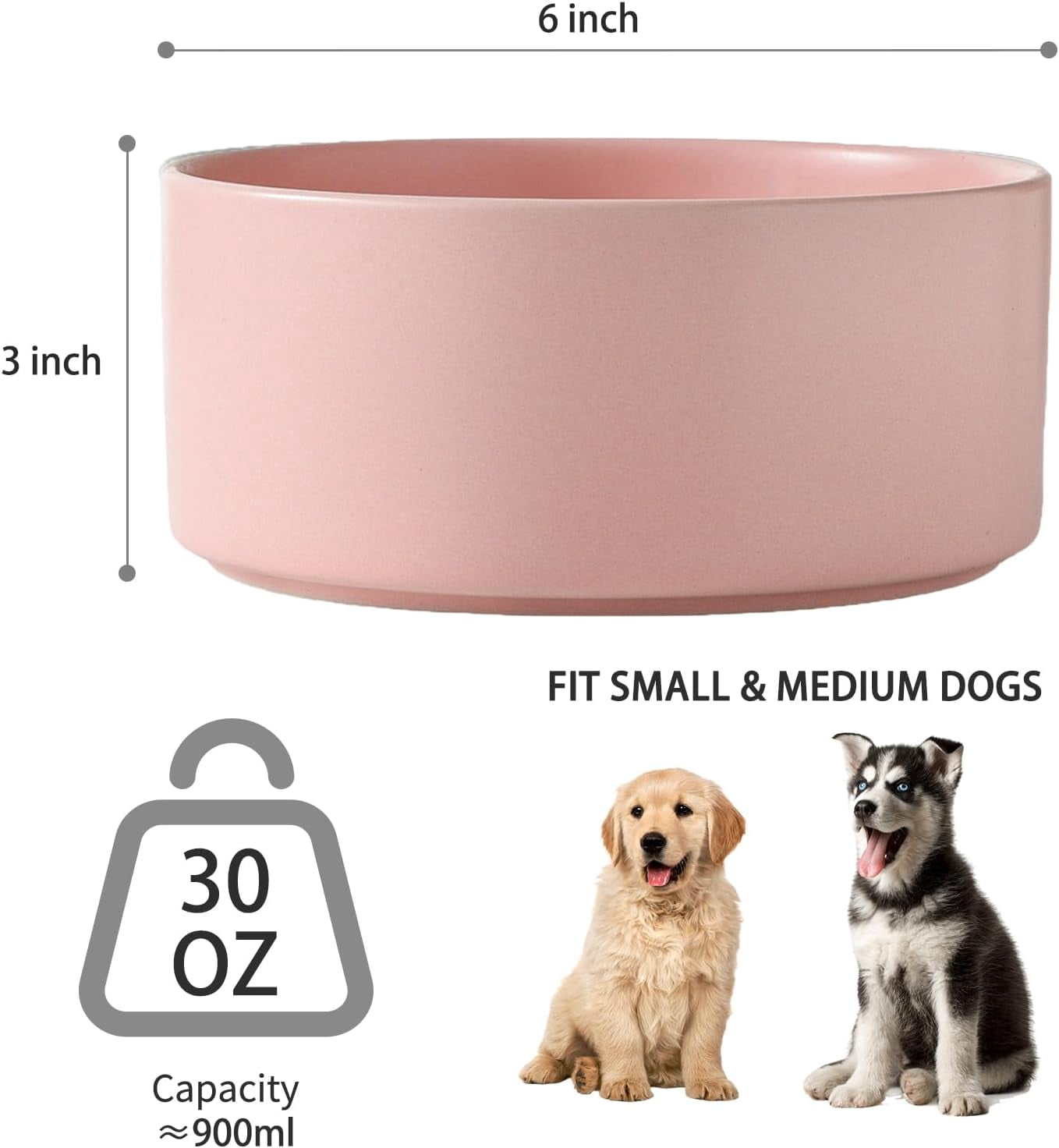 Ceramic Dog and Cat Bowl – Pink, 30oz/900ml Non-Slip Food and Water Dish – Durable, Easy to Clean, Dishwasher Safe Feeding Bowl for Small & Medium Pets
