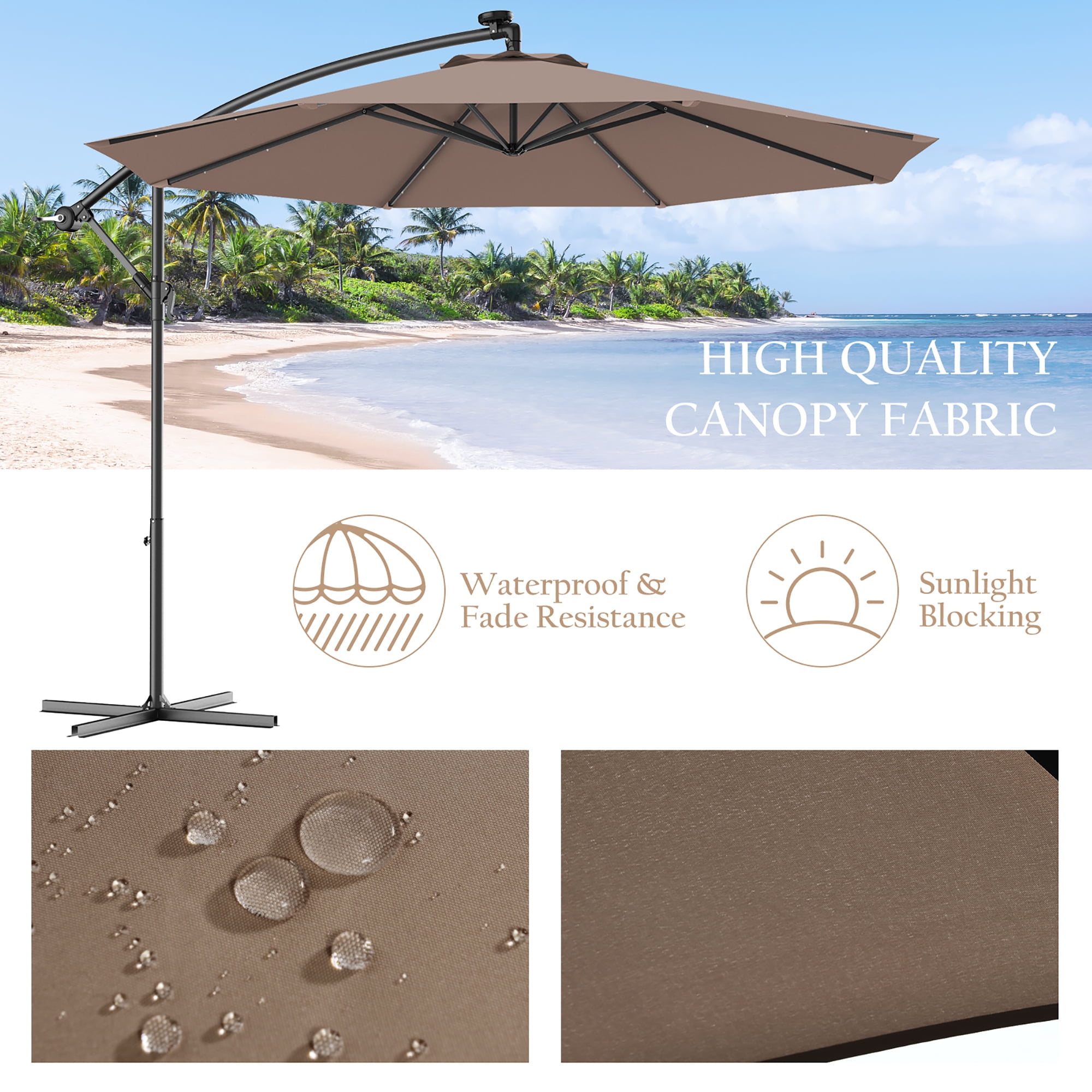 Costway 100.80" Tan Fixed Octagon Cantilever Patio Umbrella, Solar Lighted