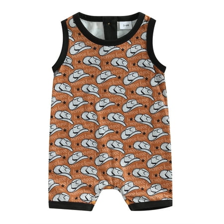 

Infant Baby Boys Romper Cow Head/Cowboy Hat Print Sleeveless Crew Neck Jumpsuits Summer Newborn Bodysuits(0-18M)