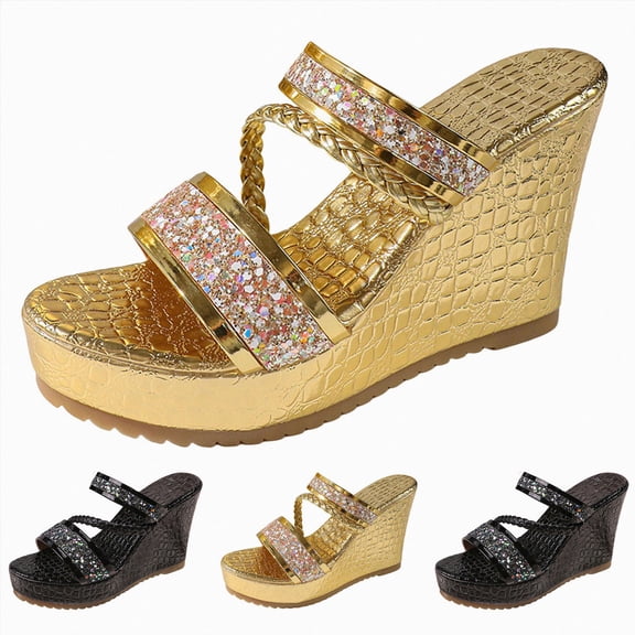 Women's Sequined Slip on Platform Wedge Sandals Summer Fashion Open Toe Dress Beach Slides Indoor Outdoor Comfortable Slippers Shoes Gold Size 9