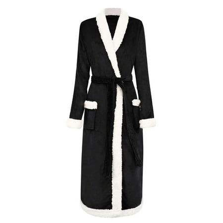 

Bathrobes for Women Plush Robe with Sherpa Trim and Pockets Black
