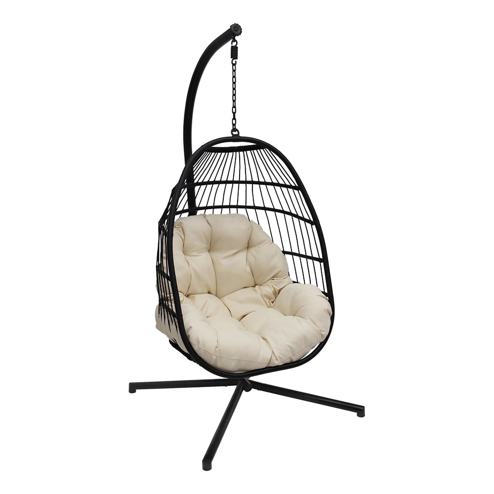 Abble Wicker Hanging Chair Cushion and Stand - Beige/Black