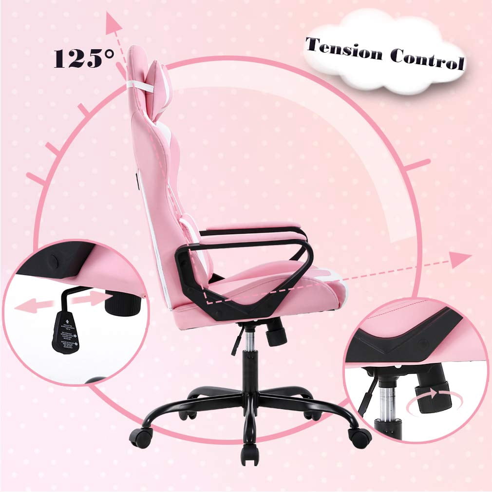 Dkelincs Gaming Chair for Teens PU Leather Computer Chairs with Headrest,Waist Pillow and Quiet Rolling Wheels, Pink