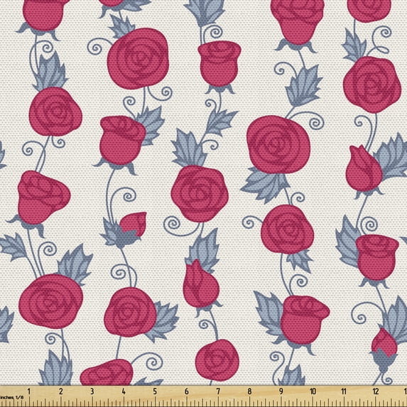 Floral Upholstery Fabric by the Yard, Rose Bloom Branches Flourishing Retro Romantic Motif on Champagne Backdrop, Decorative Fabric for DIY and Home Accents, Dark Coral Blue Grey by Ambesonne
