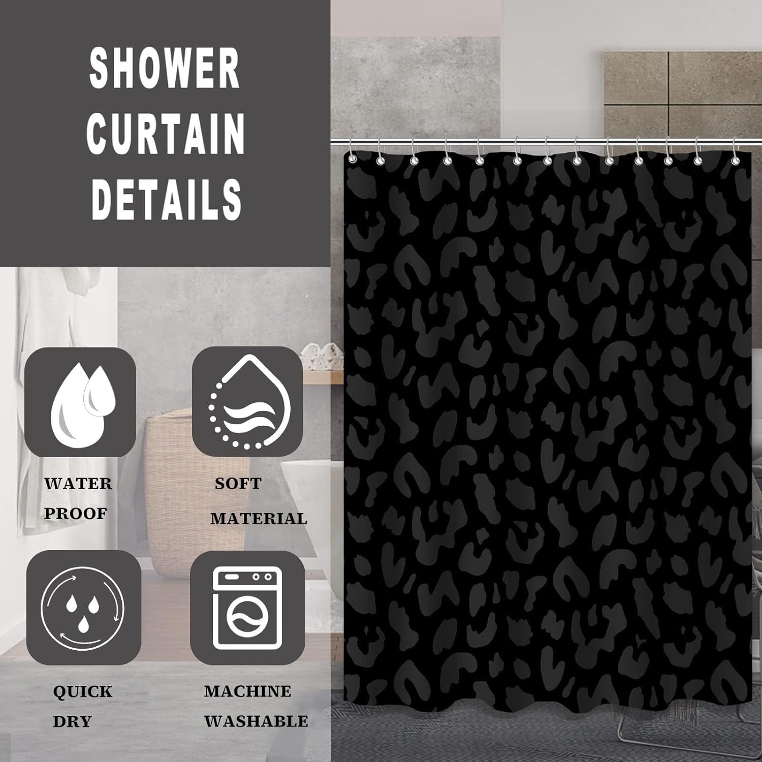 Leopard Shower Curtain Black Cheetah Print Polyester Fabric Shower Curtain Set for Bathroom with 12 Hook