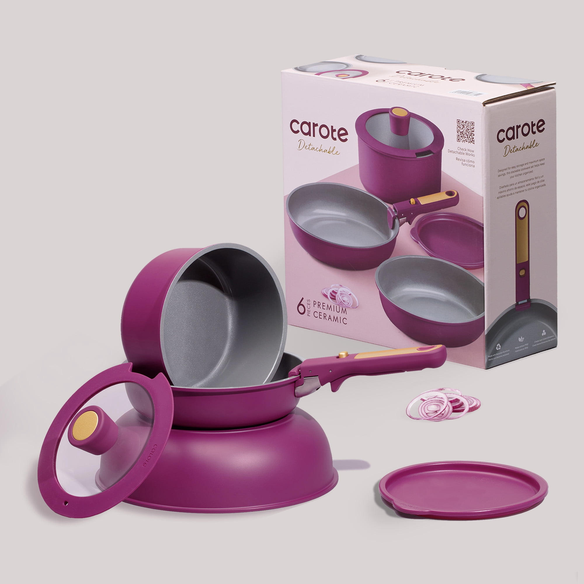 Carote Nonstick Detachable Pots and Pans Set, 6 Pieces Non Toxic Cookware Set with Induction, Oven/Dishwasher Safe, Easy for Storage, Magenta Purple