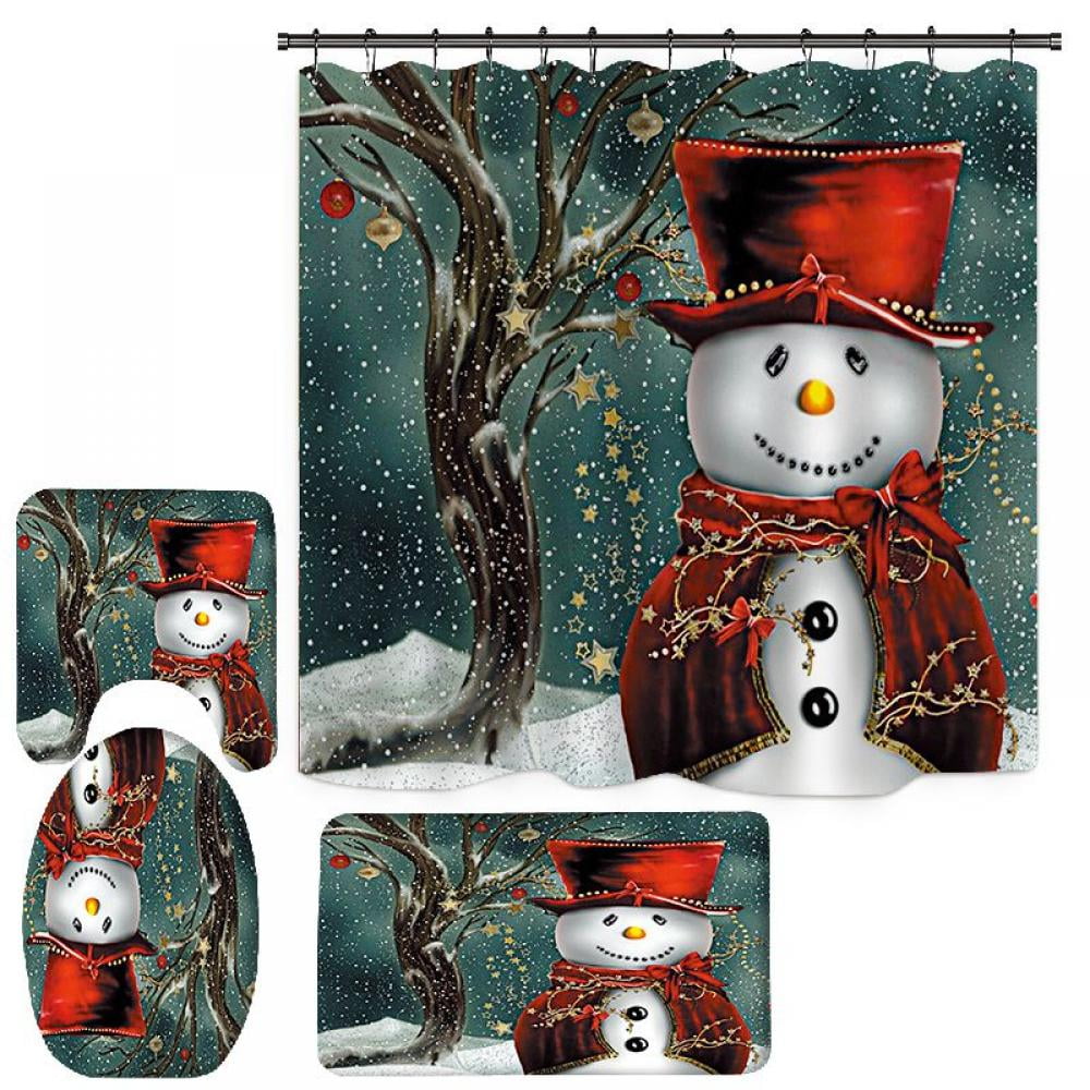 4Pcs/set Christmas Snowman Shower Curtain Bath Mat Toilet Cover Rug