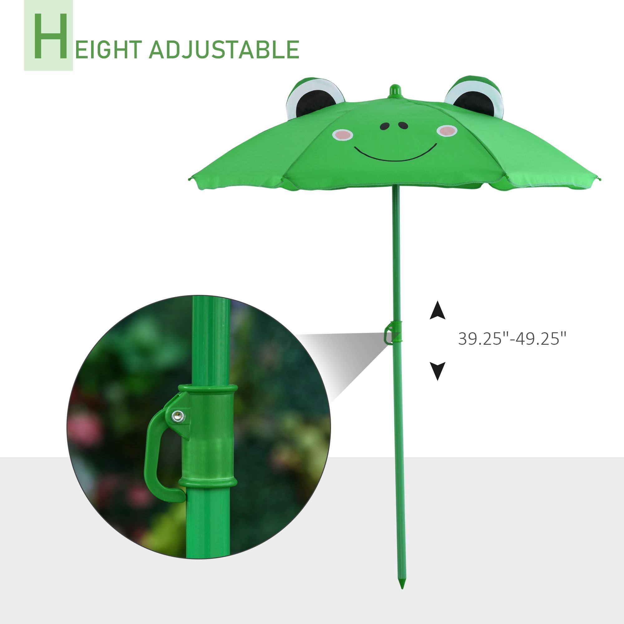 Folding Kids Table and Chair Set, Picnic Table with Frog Pattern Removable & Height Adjustable Sun Umbrella for Garden, Backyard, Green