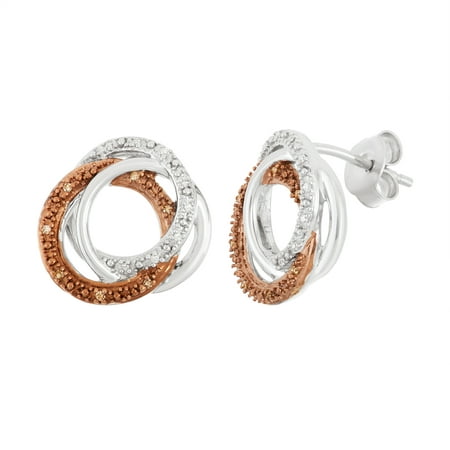 Beaux Bijoux Sterling Silver Two-Tone White & Chocolate Diamond Triple Circle Stud Earrings .06 cttw