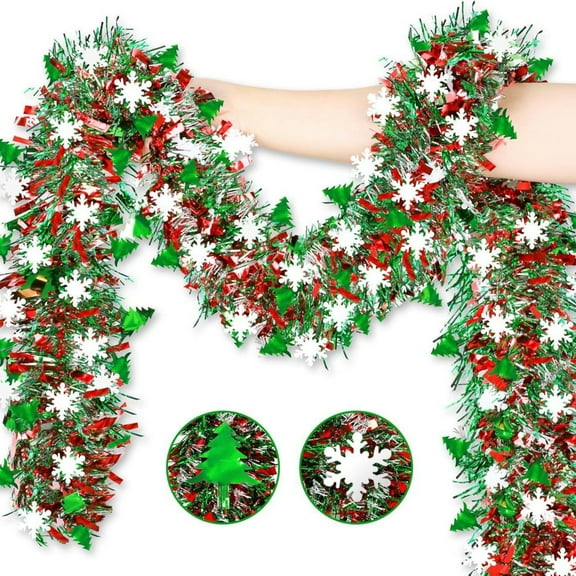 50 Feet Green Red Christmas Metallic Tinsel Twist Hanging Garland with Snowflake for Home Mantle Xmas Tree Staircase Railing New Year Holiday Party Indoor Outdoor Decorations