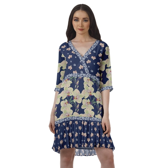 Moomaya Robe en Georgette Imprimée à Manches 3/4, Col en V, Grande Taille, Vêtements pour Femmes