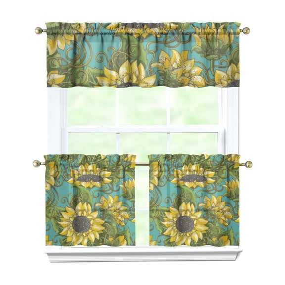 Boho Floral Kitchen Curtains Set - Sunflower Vintage Tier Window Panels with Valance, 54x18 & 27.5x24 Inch, Farmhouse Rustic Rod Pocket Curtains