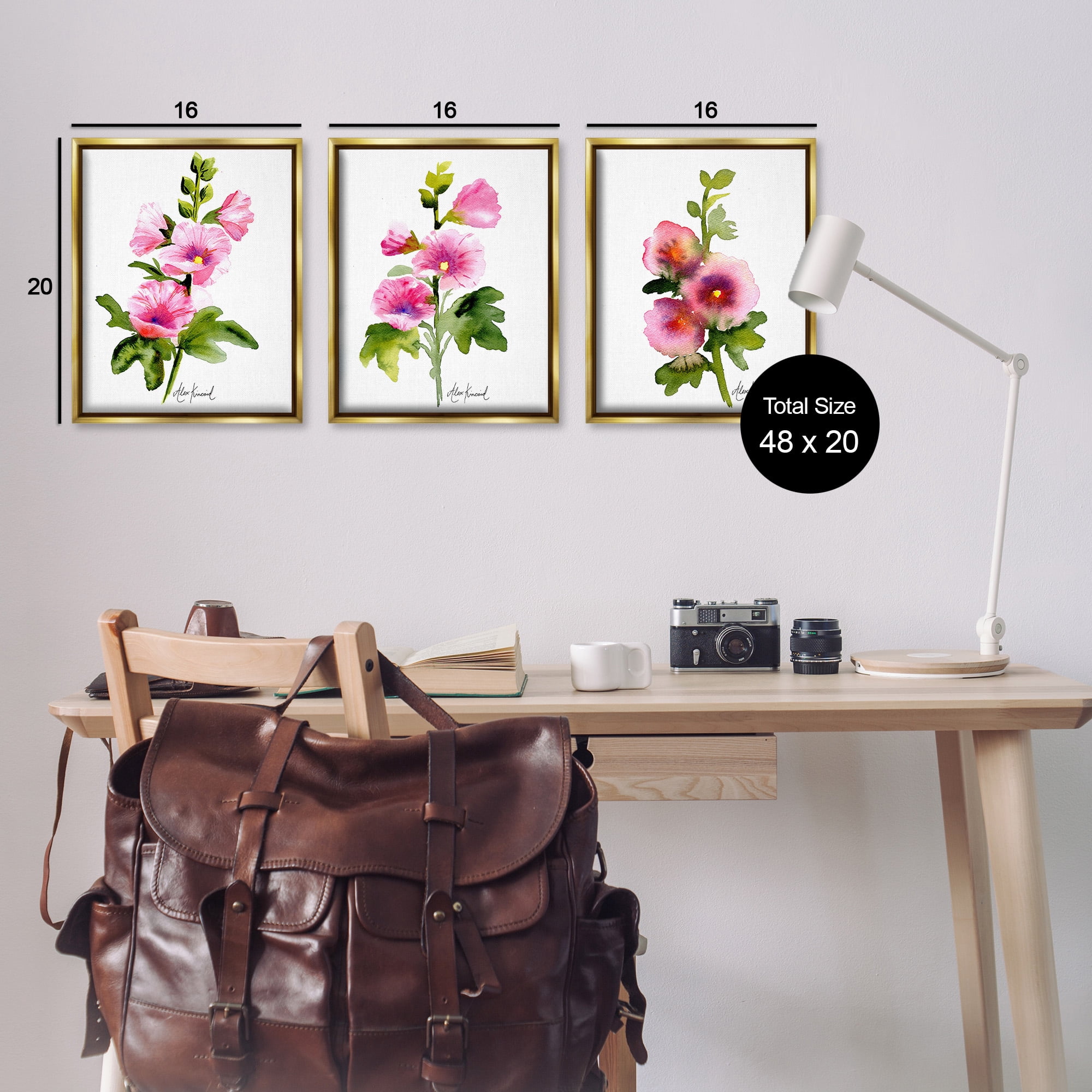 Stupell Industries Pink Flower Watercolors Botanical & Floral Painting Gold Floater Framed Canvas Art Print Wall Art, 17 x 21, Set of 3