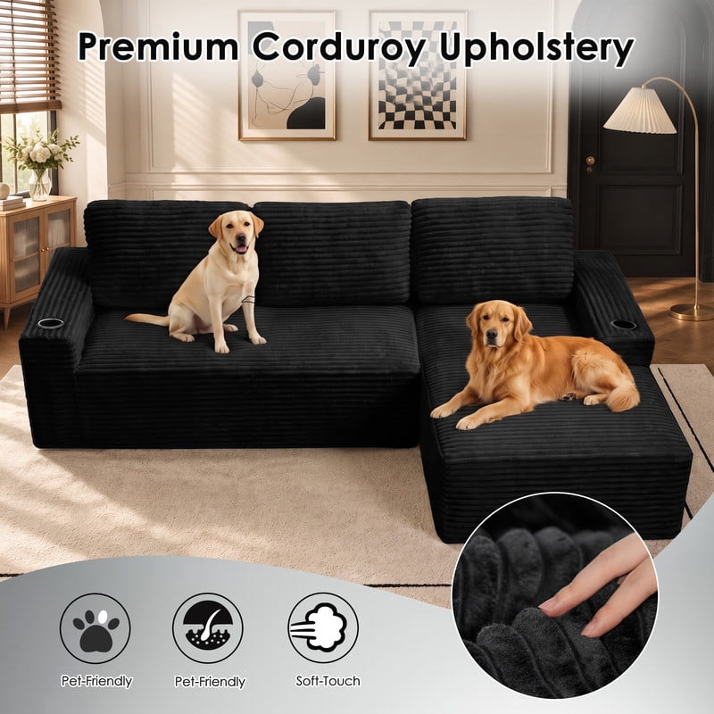 Anpport 104" Boneless Cloud Modular Sectional Couch, Corduroy Sofa with Cup Holders, Side Pockets, Deep Seat, No Assembly Required for Living Room, Black (R‑Shaped, Right Facing Chaise)