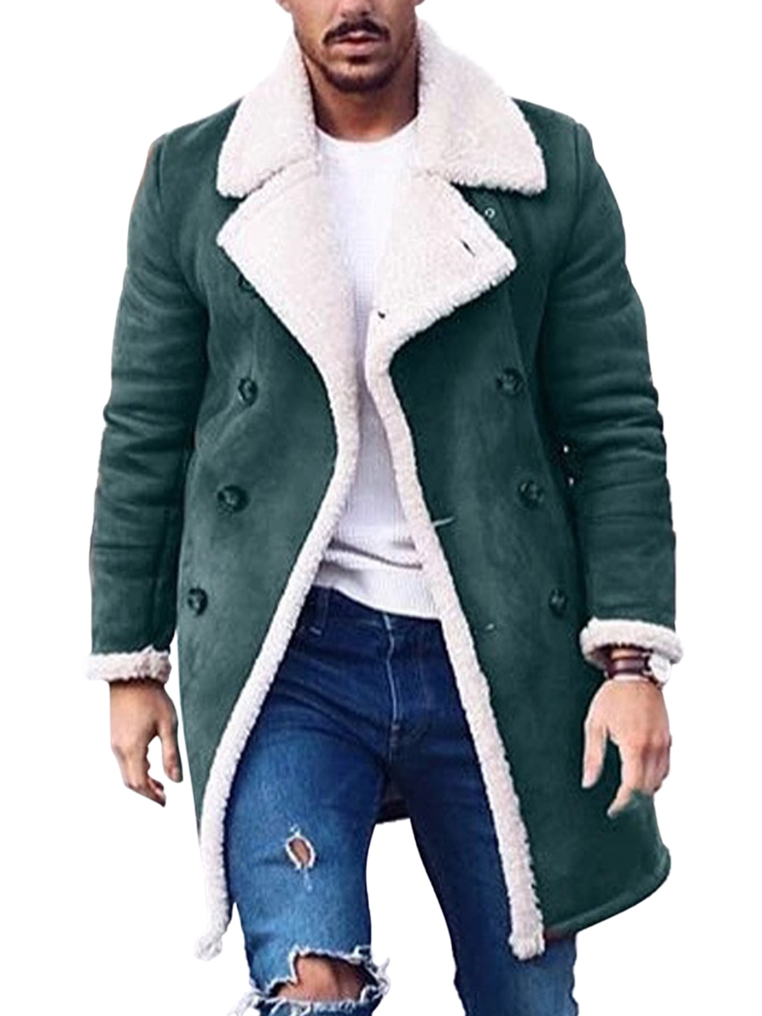 MOUTEN Mens Thicker Faux Fur Lined Winter Faux Fur Collar Trench Pea Coat Jacket Overcoat 