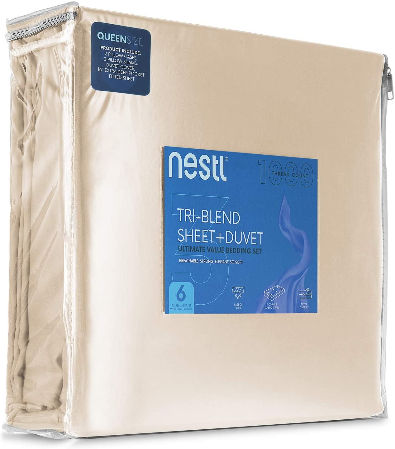 Nestl® 1000 Thread Count Premium Cotton Blend 6 Piece Duvet Cover Set, Includes Duvet Cover, Deep Pocket Fitted Sheet, 2 Pillow Cases, 2 Pillow Shams - Lightweight, hypoallergenic - Queen, Beige Cream