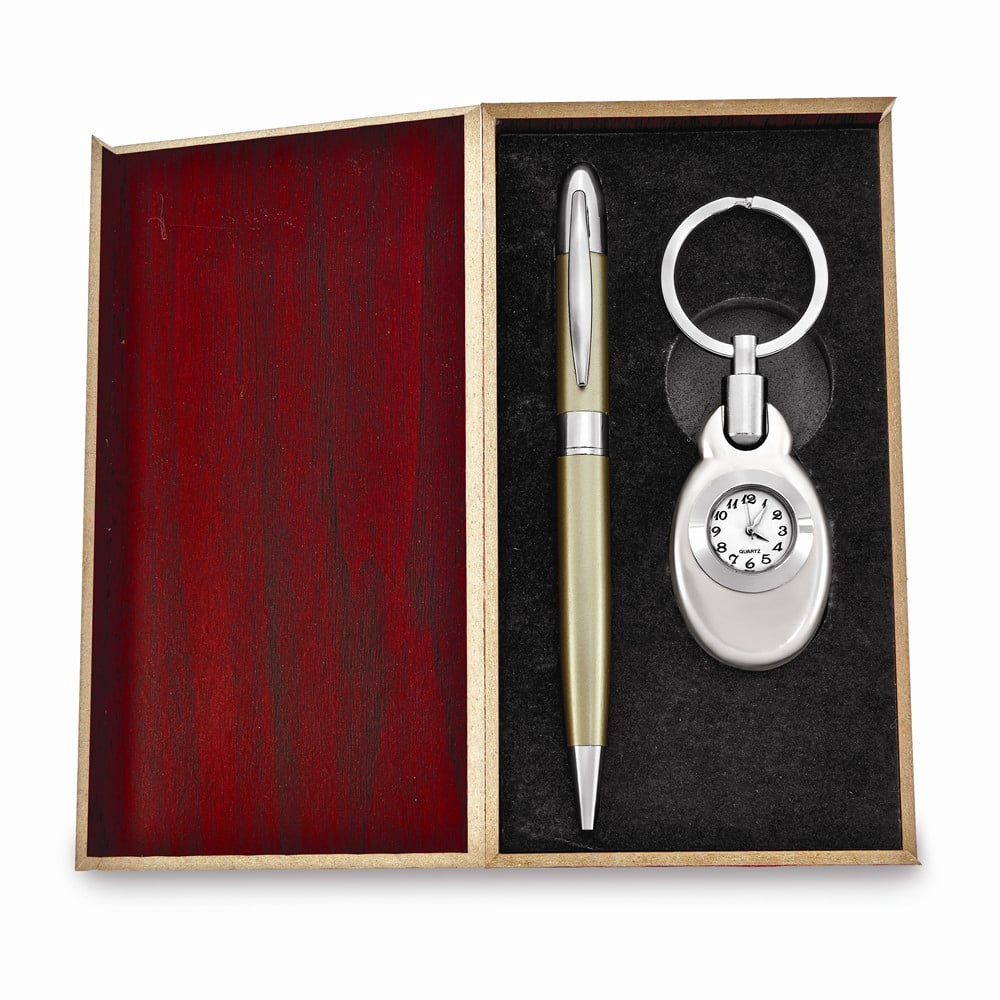 Silver-tone Engravable Watch Key Ring and Pen Gift Set