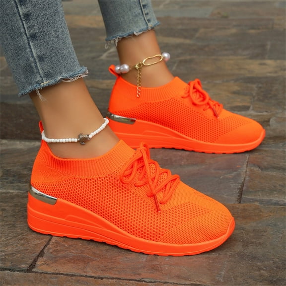 Domuza Women's Breathable Knit Wedge Sneakers, Lace Up Slip On Sock Shoes Non-Slip Platform Walking Footwear for Daily Outdoor Casual Wear Orange 8.5(EU-41)