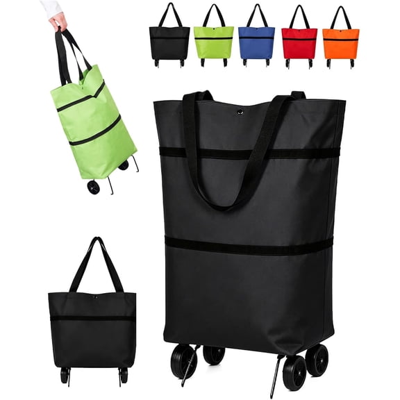 Foldable Shopping Bag with Wheels, 2-in-1 Foldable Shopping Cart, Waterproof Rolling Grocery Tote with Sturdy Handle