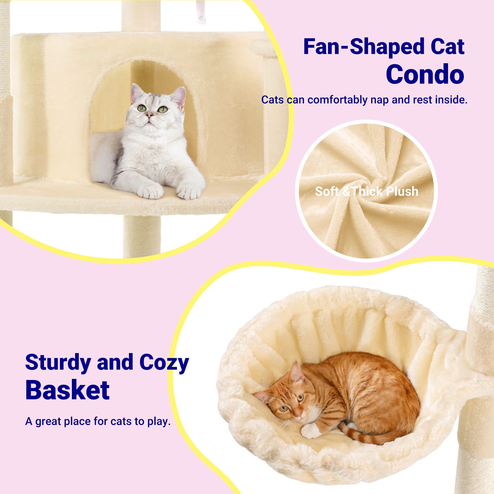 Allewie 73in Fan-Shaped Space-Saving Corner Cat Tower, Multi-Level Tall Cat Tree for Indoor Kitties, Cozy Baskets, Condos, House, Perches, Sisal Scratching Posts, Beige