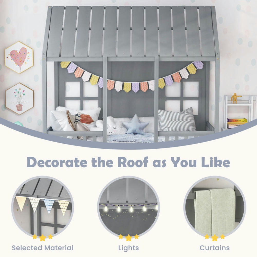 GVN Twin Size Bed Frame House Bed with Trundle and 82 Inch Tall Roof-Gray, Baby Bed for Sleeping and Sleepovers