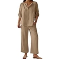 thumbnail image 2 of Women's 2 Piece Lounge Set, 3/4 Sleeve V Neck Casual Top and Wide Leg Pants, Soft Material Matching Outfit for Daily Wear, Beach Travel and Relaxation-Khaki, 2 of 7