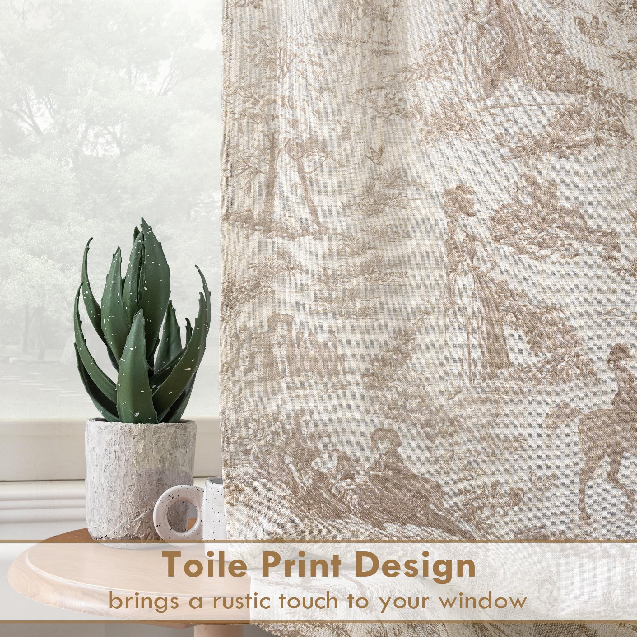 DriftAway Kitchen Curtains Toile Tier Linen Short Curtains Cafe 45 Inch Length for Living Room Bathroom Farmhouse French Country Vintage Printed Pattern Rod Pocket 2 Panels Beige