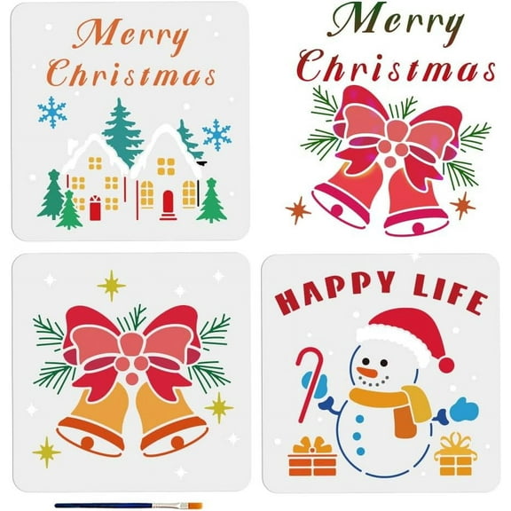 3pcs Christmas Theme Stencil Christmas Jingle Bells Snowman House Stencils Happy Life Merry Christmas Ornament Stencils 11.8×11.8inch with Paint Brush