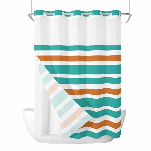 Turquoise Orange Striped No Hook Shower Curtain Waterproof,Bathroom Curtains with Snap in Liners and See Through Top Window,Modern White Abstract Art Aesthetics Bathtub Curtains Shower 72"Wx96"L