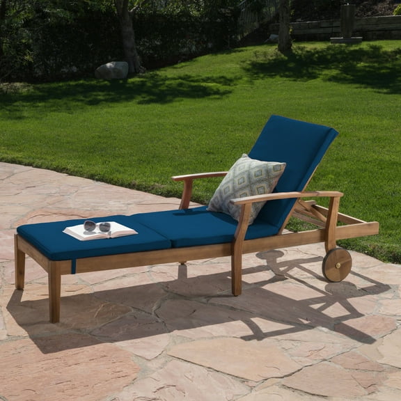 Mavis Outdoor Chaise Lounge With Cushion, Teak Finish, Orange