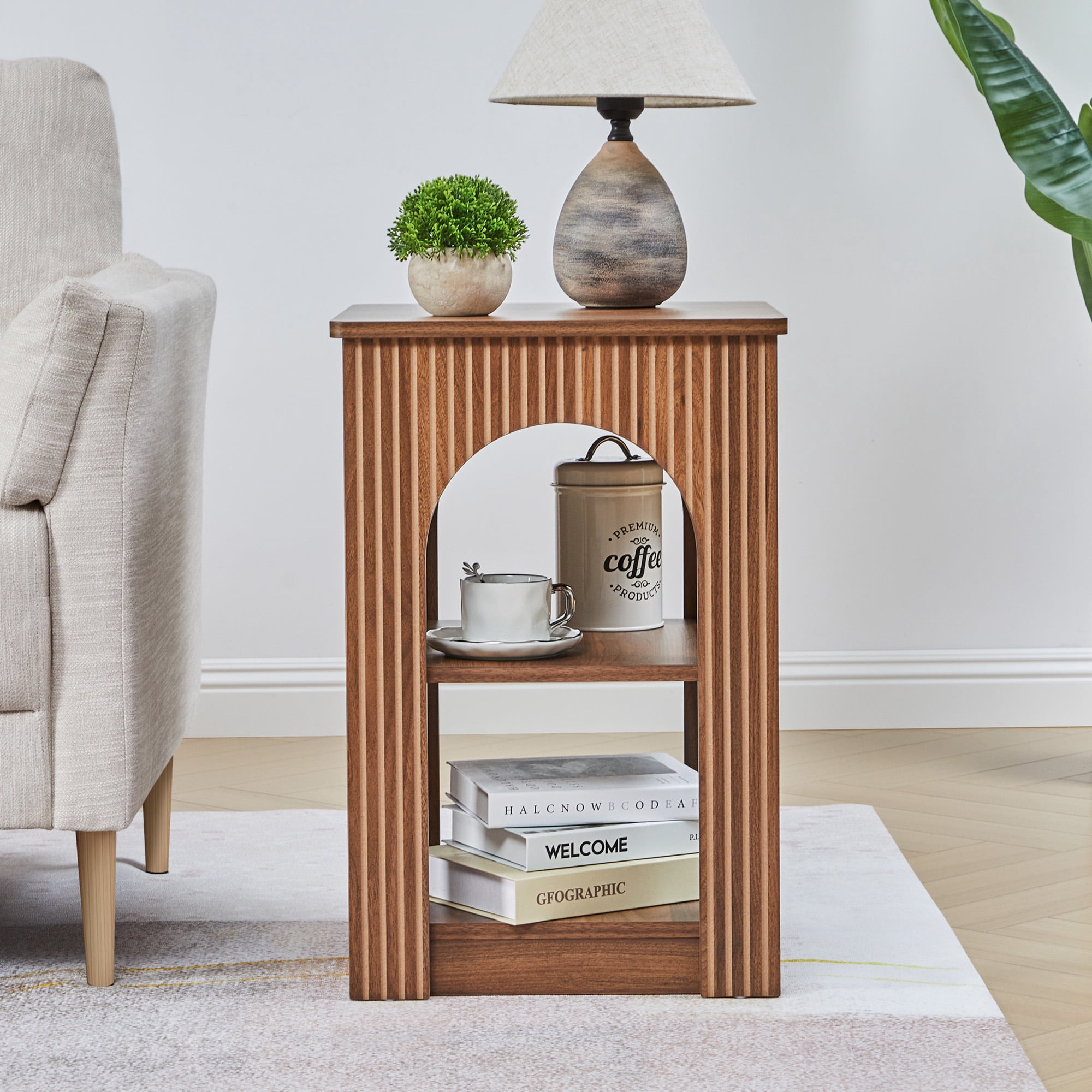 Wirrytor Arch End Table for Living Room with Open Storage Shelves, Side Table for Small Spaces, Chic Arched Design, Small Accent Tables,Couch Side Table, Nightstand for Badroom, Walnut