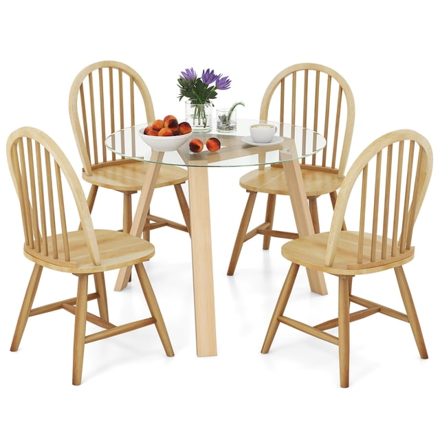Gymax 5 PCS Dining Set for 4 Round Table w/ 4 Chairs Solid Rubber Wood Frame Modern