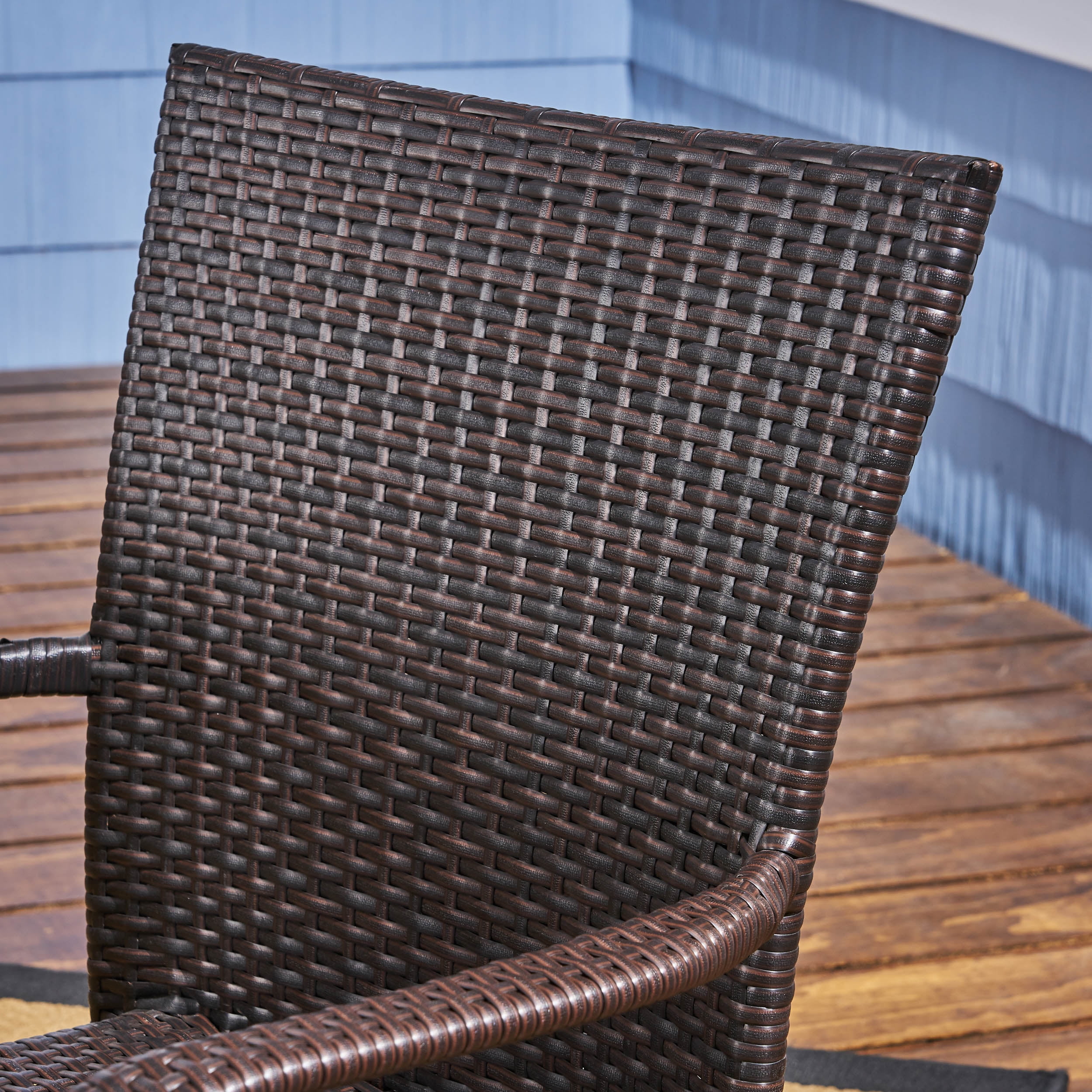 Zoe Outdoor 6 Piece Acacia Wood Dining Set with Bench and Wicker Stackable Chairs, Sandblast Natural Stained, Multi-Brown