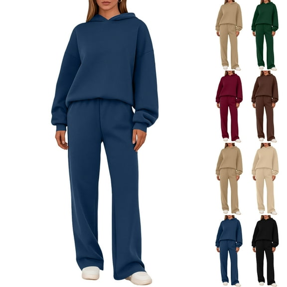 2 Piece Lounge Sweat Sets Plus SizeFall Fashion Matching Sweatsuits, Wide Leg Pants Travel Winter Outfit Blue L