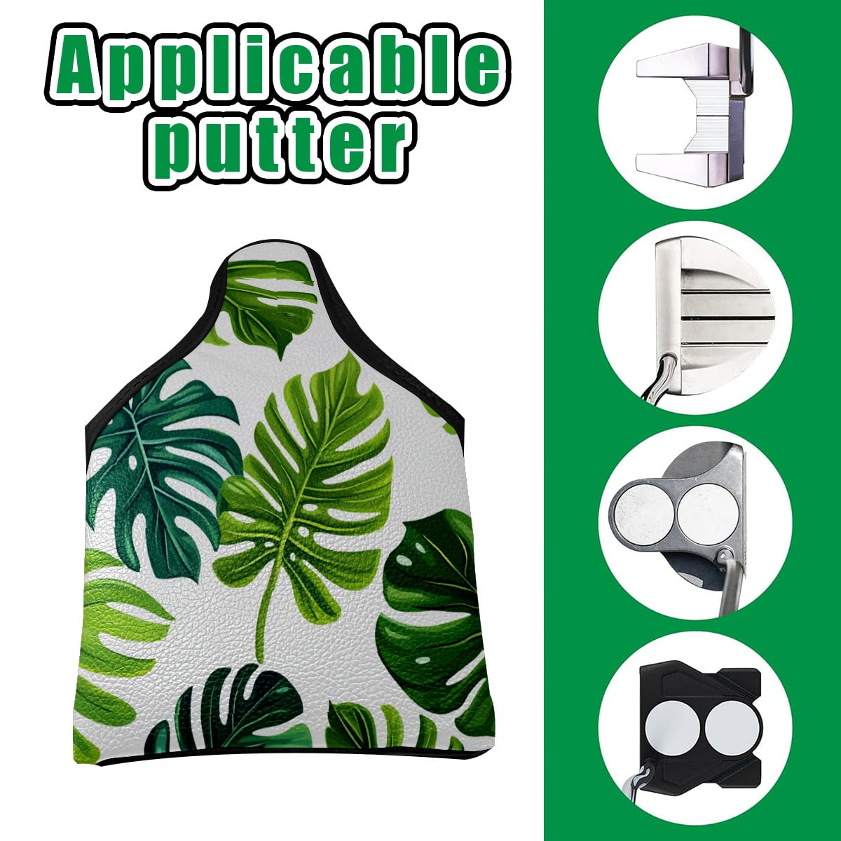 Golf Mallet Putter Cover Premium Leather Waterproof Golf Putter Head Cover with Magnetic Closure Green Leaves