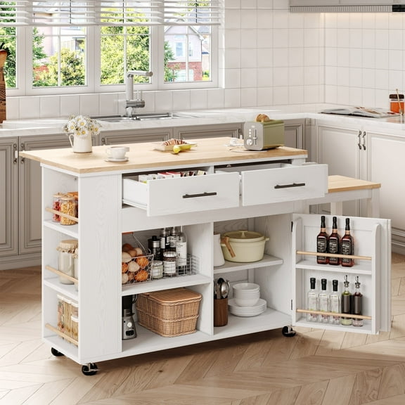 ModernMate Kitchen Island, Rolling Cart with Drop Leaf, 2 Drawers, Shelves, Power Outlet