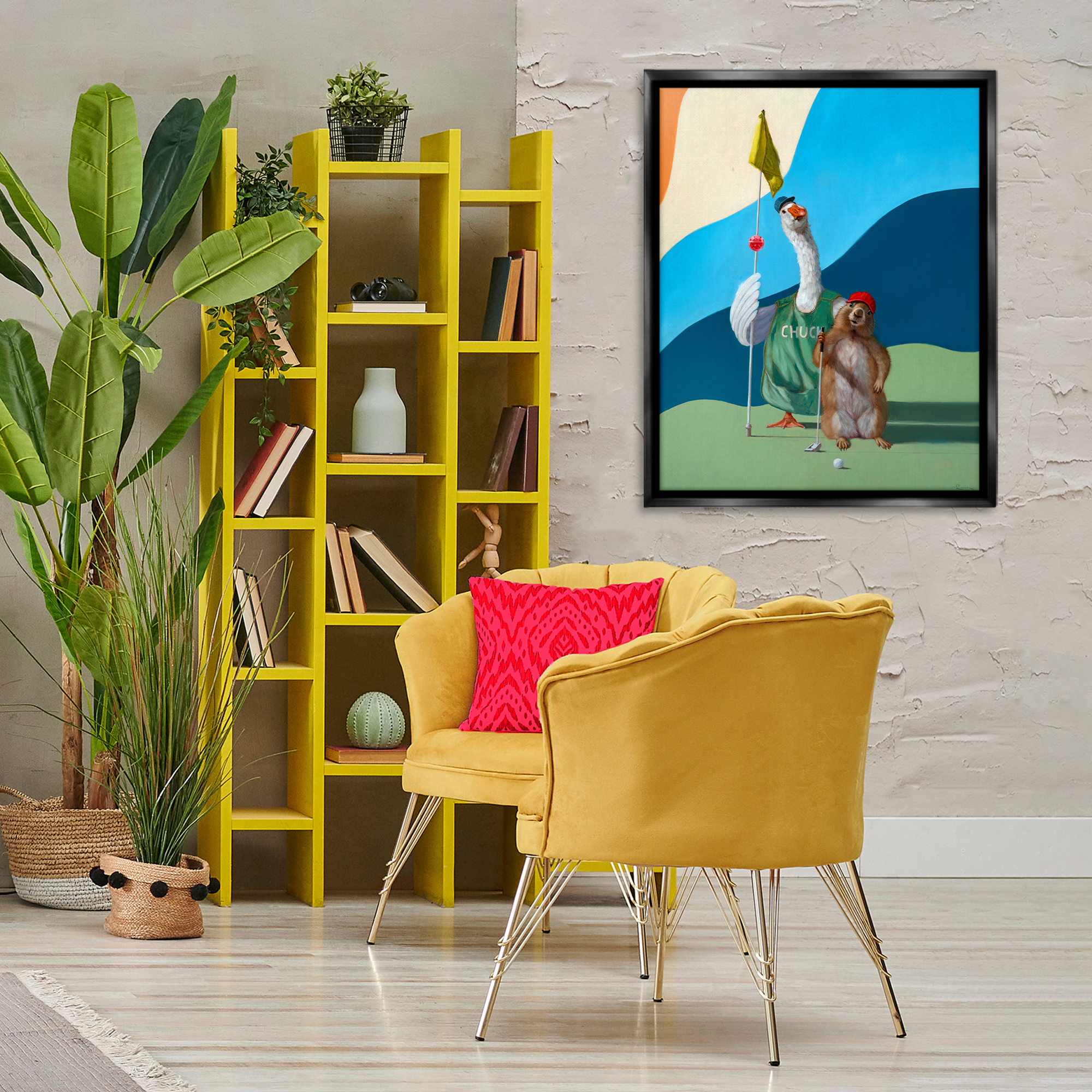 Stupell Industries Golfing Goose & Gopher Sports Painting Black Floater Framed Canvas Art Print Wall Art, 25 x 31