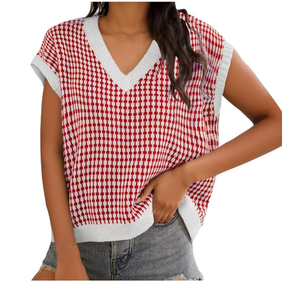 Knit Sweater Vest for Women Trendy Plaid Lattice Print V Neck Sleeveless Jumpers Tops Fall Spring Casual Knitwear (XL, Wine)