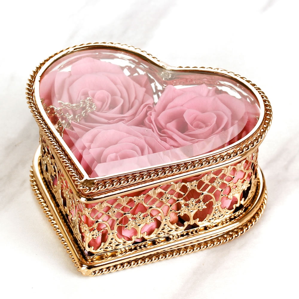 Enchante Preserved Forever Rose Vintage Heart Jewelry Box, Wedding Anniversary Birthday Valentine's Day Mother's Day Gift Eternity Flower, Pink