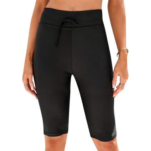 SAYFUT Women Classic Knee Length Pants High Waist Swimsuit Long Swim Shorts Skinny Surfing Tights with Side Drawstring Swim Bottom