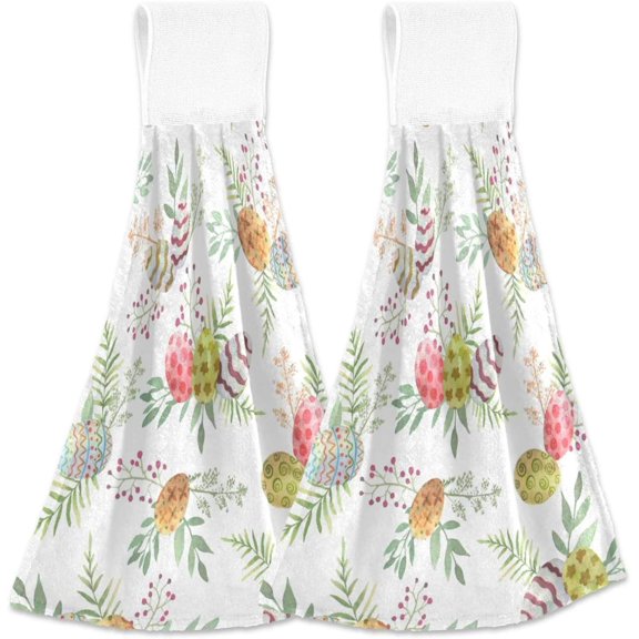 SKYSONIC Colorful Eggs and Flowershappy Easter Spring 2Pcs Kitchen Hanging Towel Set Hand Hanging Towels with Hanging Loop, Absorbent Soft Thick Dish Cloth Dry Towel for Kitchen Bathroom, 12"x17"