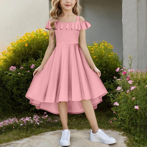 Delliss Summer Girls' Solid Color Camisole Off Shoulder Dress Knee Length High Low Hem Flowing Sleeve Casual Dress 6-15 Years