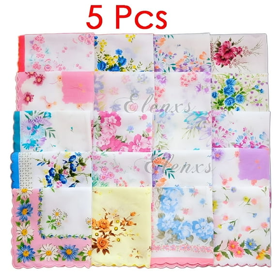 TELOLY 5Pcs Handkerchief Cotton Vintage Ladies Women Pocket Floral Flowers Quadrate Hanky Hankies