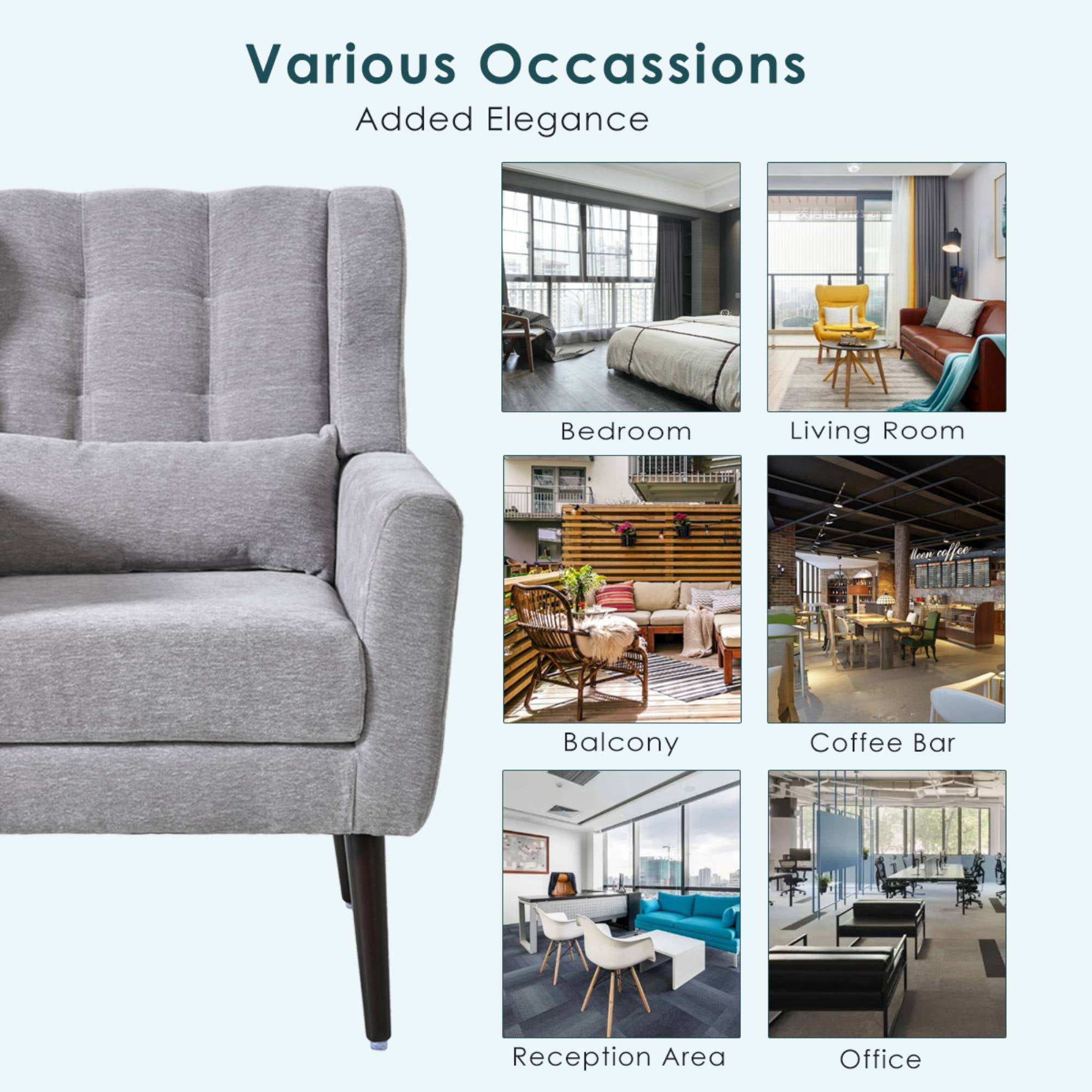Modern Accent Chair Mid Century Armchair Reading Chair, Upholstered Tufted Side Chair with Wingback , Waist Pillow for Living Room, Grey
